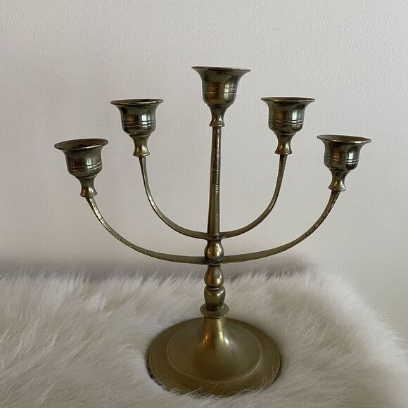 Vintage Brass Candelabra 5 Arm Candle Stick Holder 10 INCHES Golden Decor Regal - Picture 1 of 5